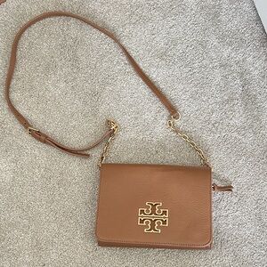 Tory Burch Tan Pebbled Leather Convertible Crossbody with Gold Logo